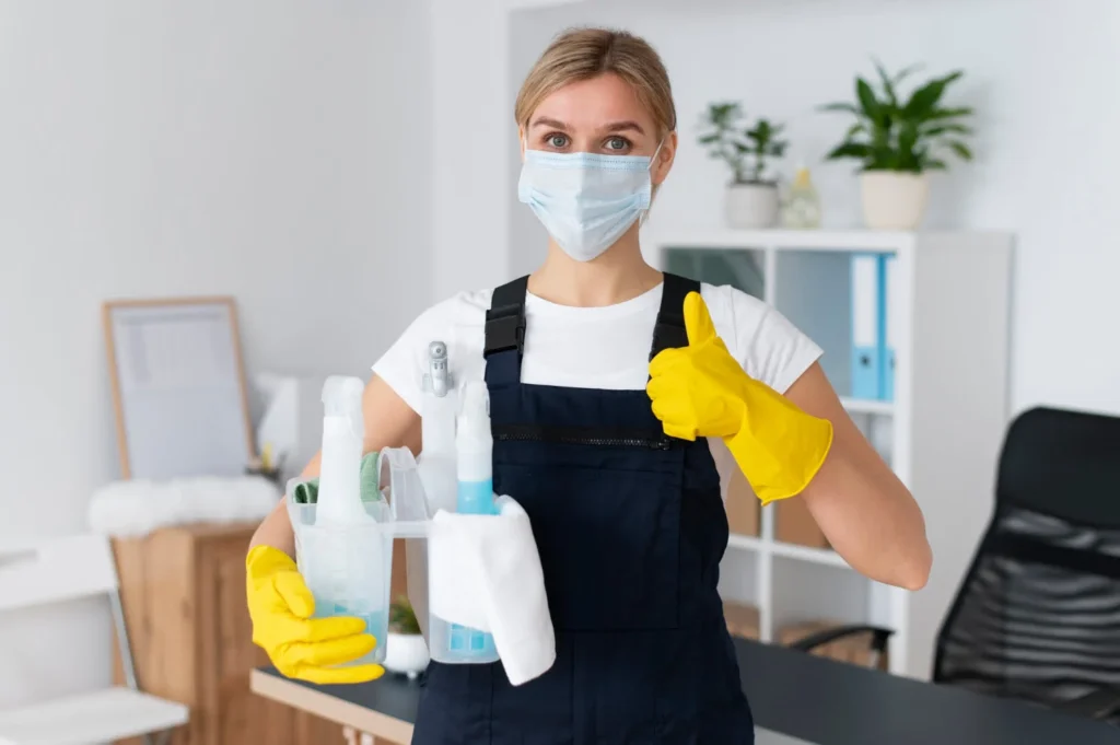 cleaning service women carrying cleaning materials